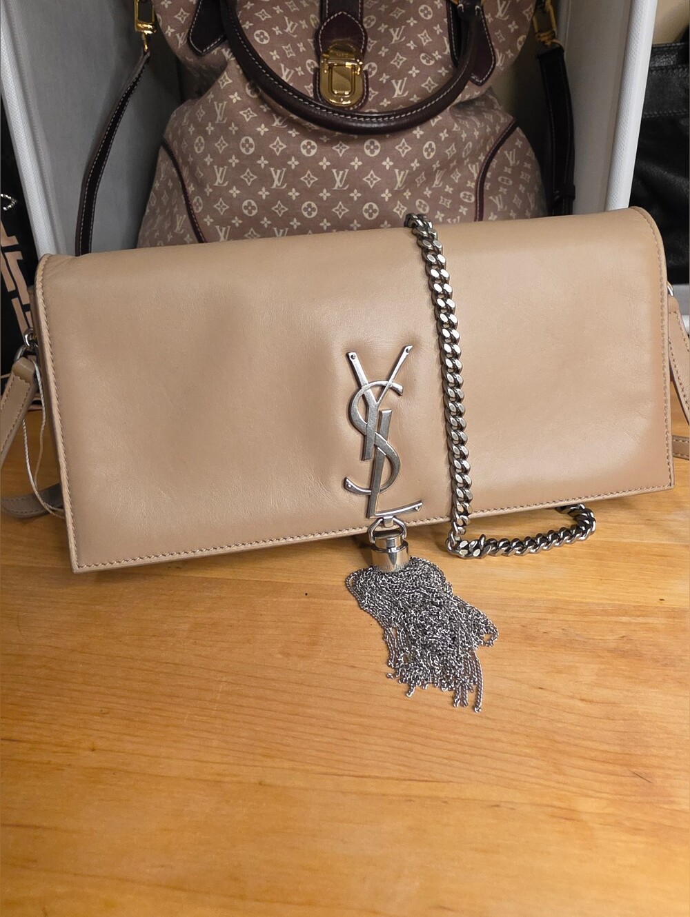 Yves Saint Laurent Kate Laurent  Beige Tassel Chain & Leather Shoulder Purse